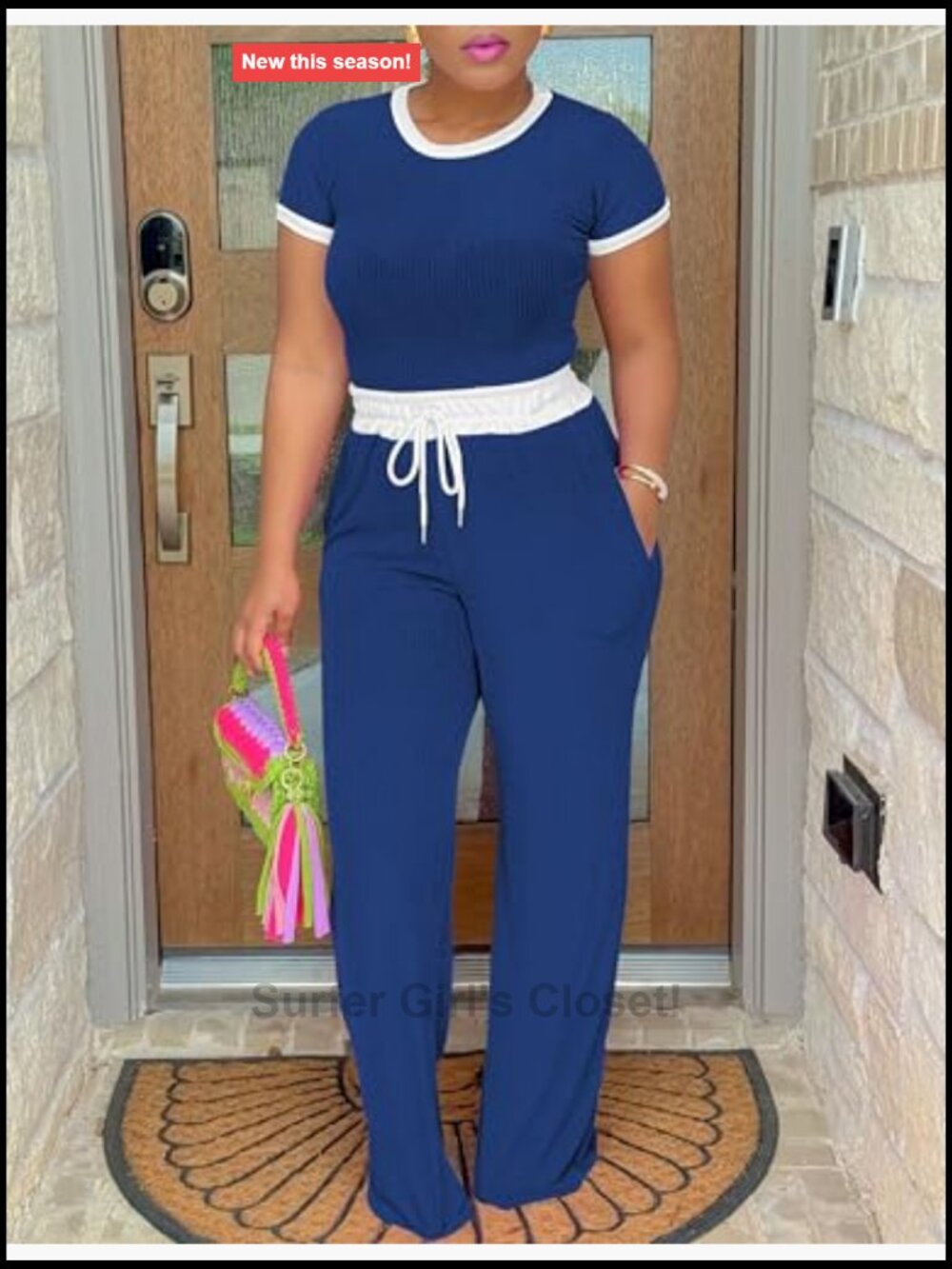 Women's 2 Piece Lounge Set Matching Tracksuit Short Sleeve Wide Leg Pants Ribbed - Picture 3 of 4